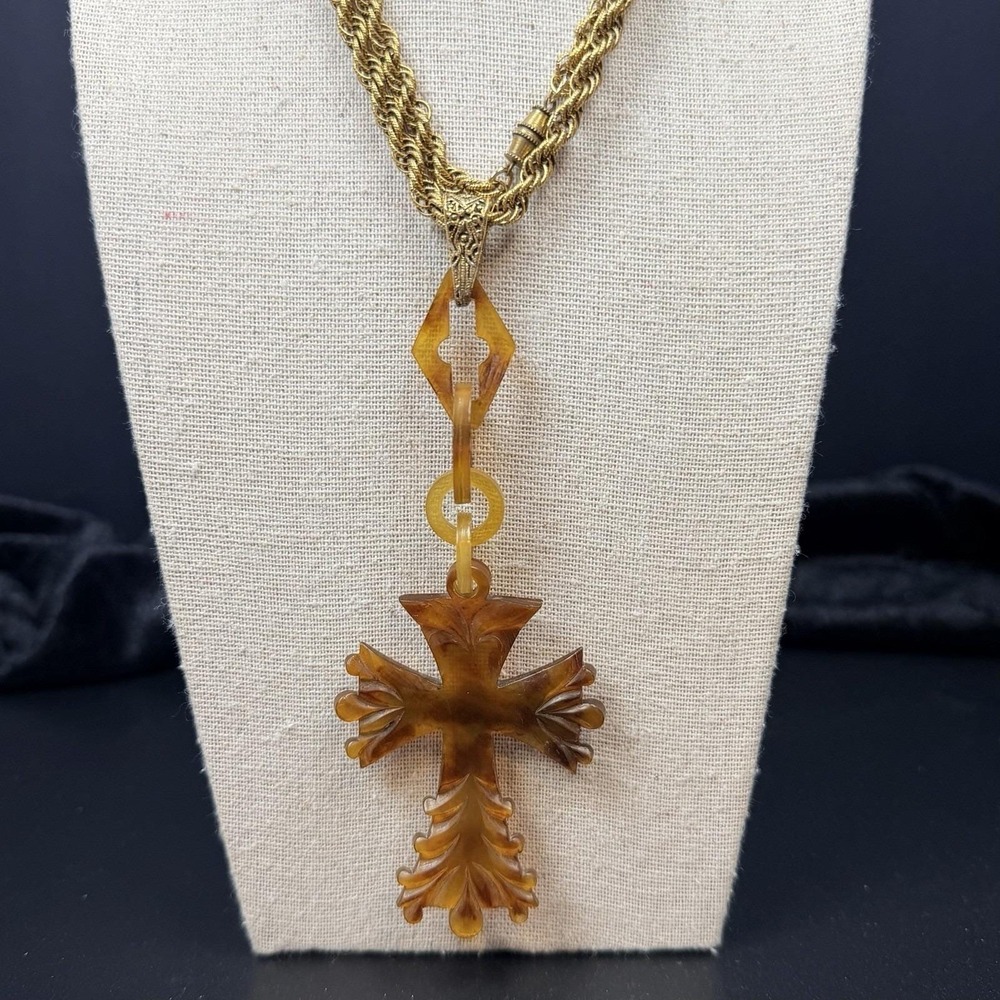 Vintage Celluloid Cross Pendant Necklace Gold Tone Chain 30" READ